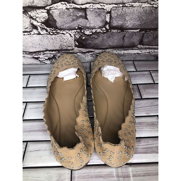 Chloe Beige Suede Leather Scalloped Perforated Stud Ballet Flats Women Sz 40EU/9 - Picture 8 of 16